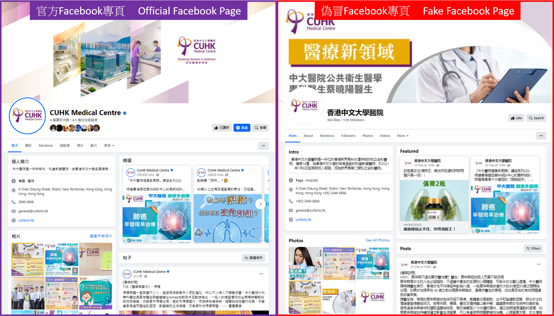 比較官方及偽冒Facebook專頁的圖片